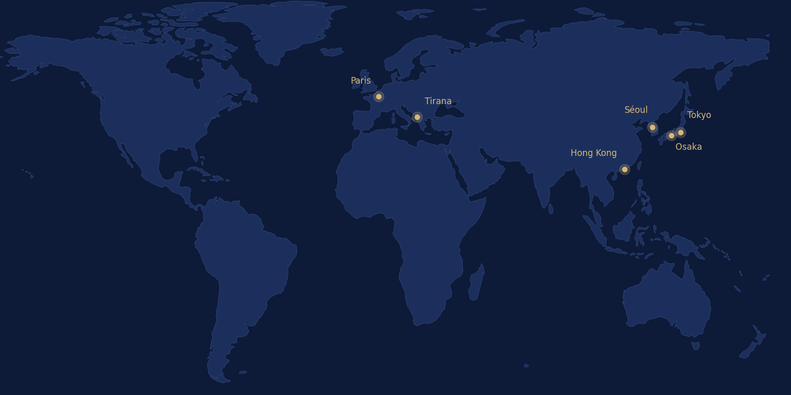 Implantations internationales de la méthode Chauchard : Paris, Tirana, Hong Kong, Séoul, Osaka, Tokyo.