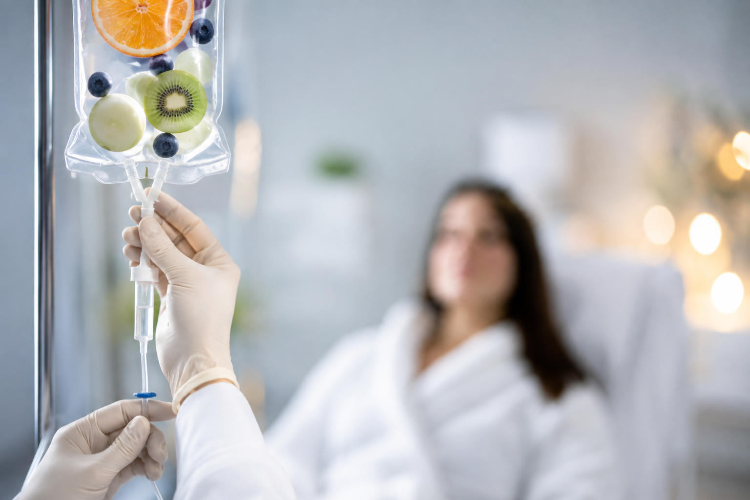 Perfusion de vitamines par voie intraveineuse réalisée en clinique de médecine préventive pour soutenir l'énergie, l'immunité et la récupération.