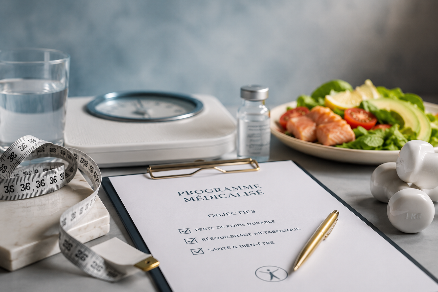 Programme médicalisé de perte de poids avec bilan hormonal, nutrition, GLP-1, alimentation équilibrée et suivi médical personnalisé.